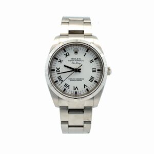 Rolex Air-King 34mm 114210 White Roman Dial Engraved Rehaut – front view