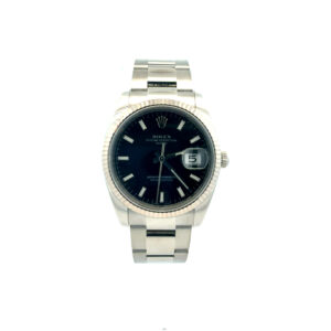 Rolex Date 34mm 115234 Black Stick Dial White Gold Fluted Bezel – front view