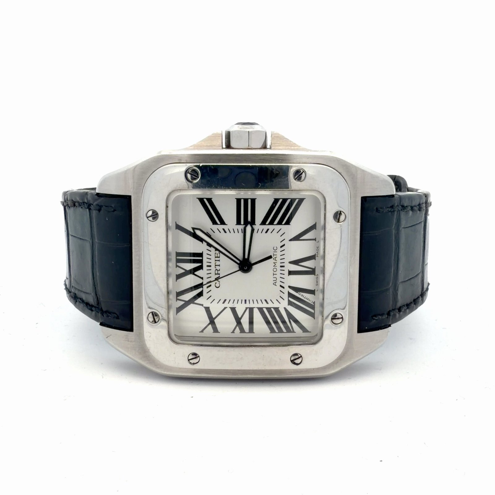Cartier Santos 100 XL 2656 W20073X8 Stainless Steel Silver Roman Dial – angled dial view