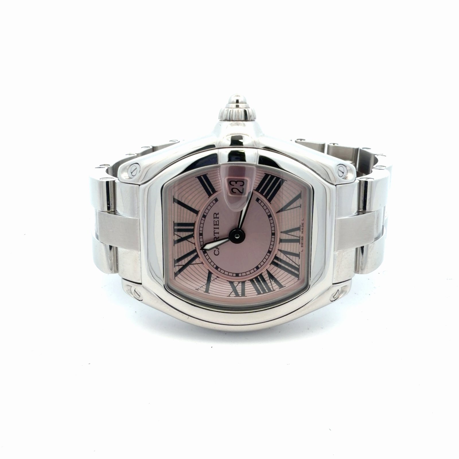 Cartier Roadster 2675 Stainless Steel Pink Roman Dial 31mm – angled dial view