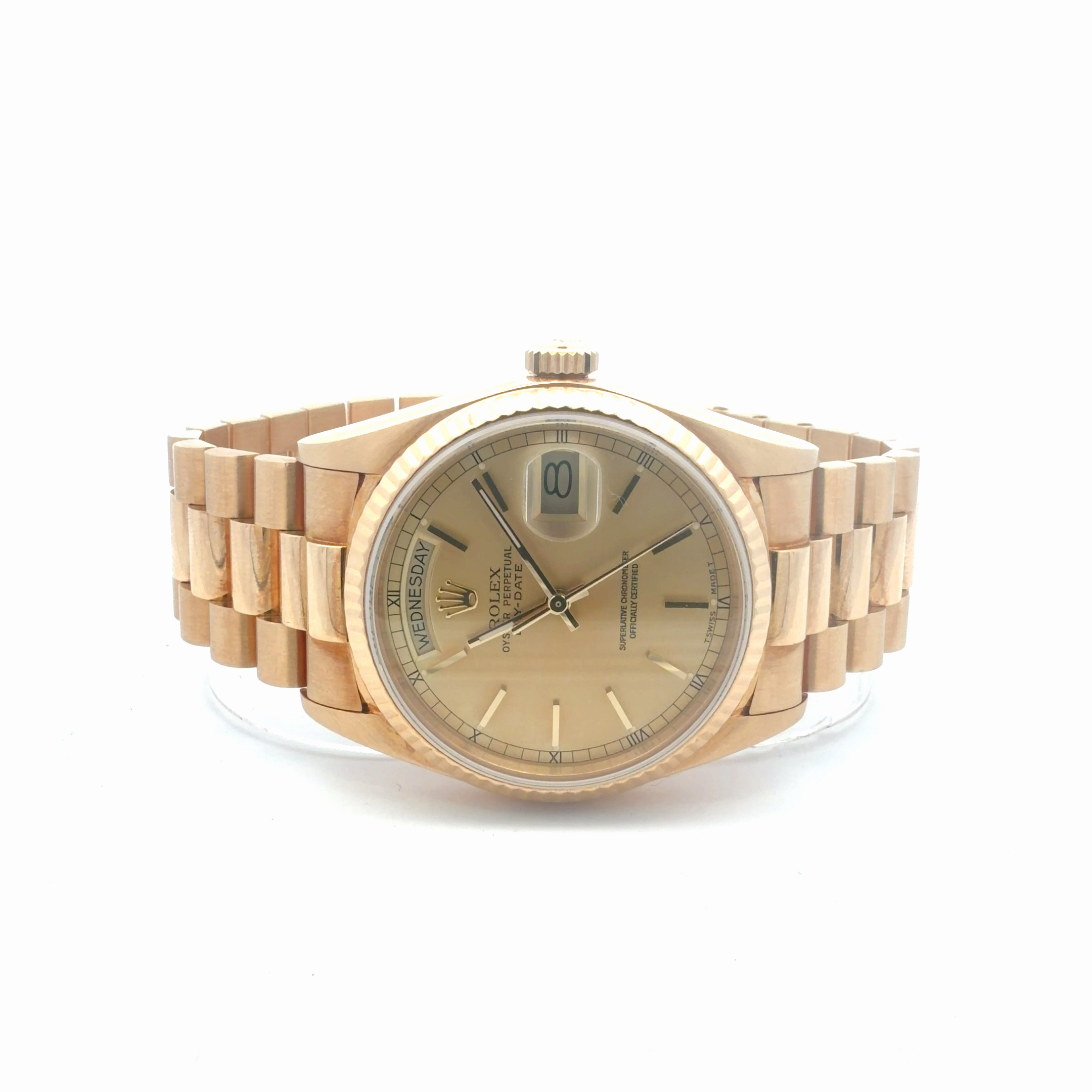 Rolex Day-Date 18038 Champagne Dial – angled dial view