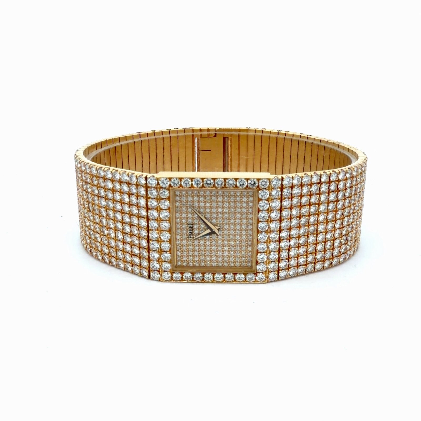 Piaget Ref. 7131 C626 Factory Diamond 18K Yellow Gold High Jewelry Cuff Watch – angled dial view